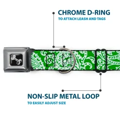 Dog Bone Seatbelt Buckle Collar - Bandana/Skulls Irish Green/White