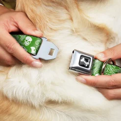 Dog Bone Seatbelt Buckle Collar - Bandana/Skulls Irish Green/White