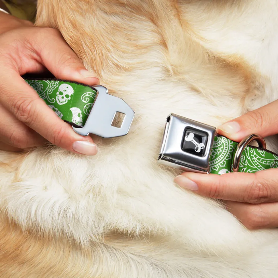Dog Bone Seatbelt Buckle Collar - Bandana/Skulls Irish Green/White