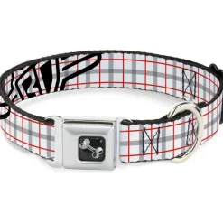 Dog Bone Seatbelt Buckle Collar - BD Plaid White/Gray/Red