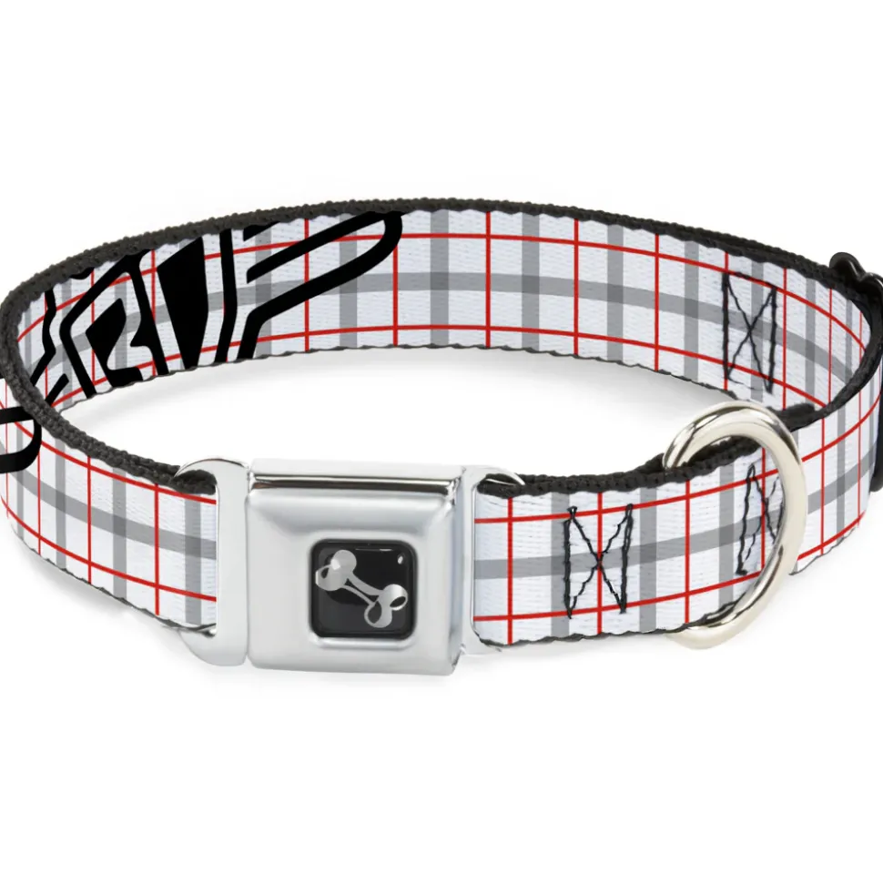 Dog Bone Seatbelt Buckle Collar - BD Plaid White/Gray/Red
