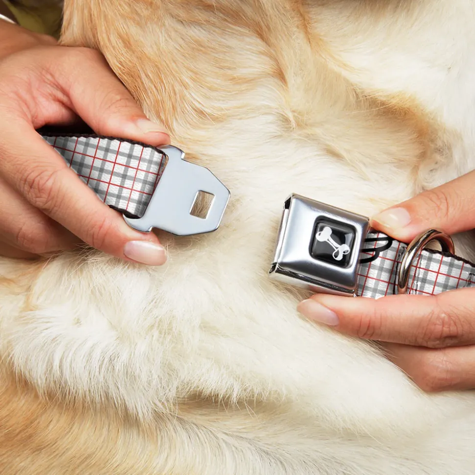 Dog Bone Seatbelt Buckle Collar - BD Plaid White/Gray/Red