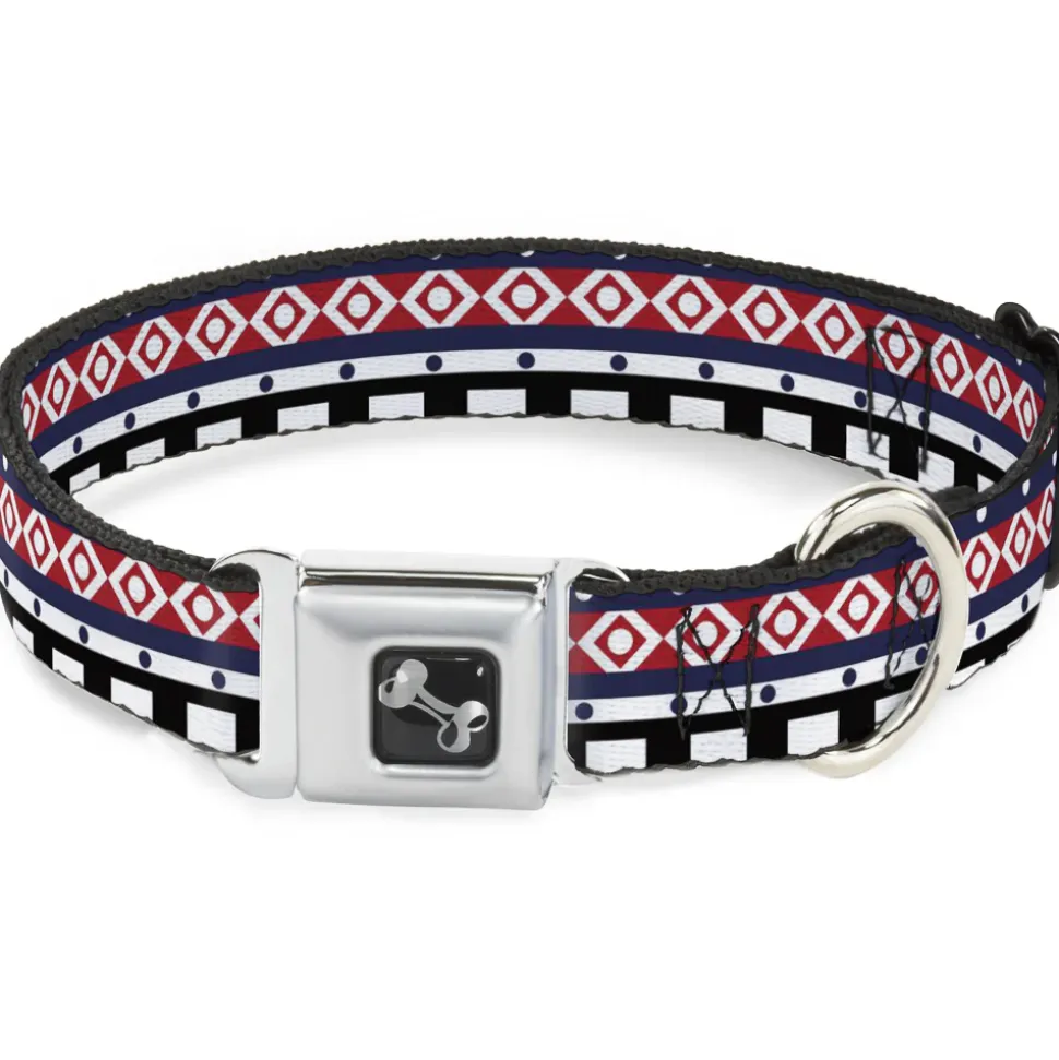 Dog Bone Seatbelt Buckle Collar - Aztec13 White/Navy/Red/Black