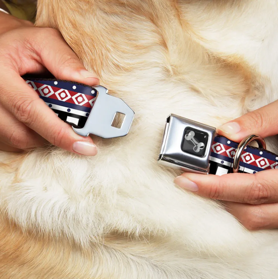 Dog Bone Seatbelt Buckle Collar - Aztec13 White/Navy/Red/Black