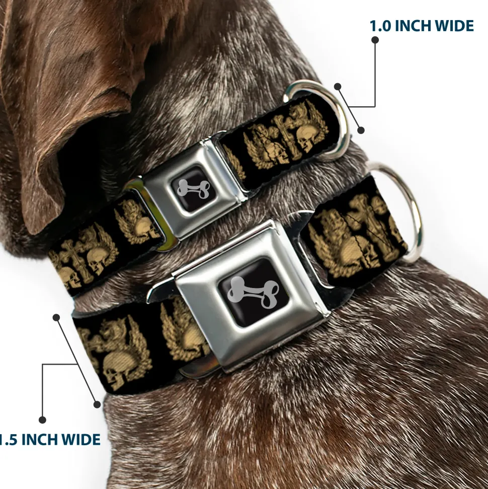 Dog Bone Seatbelt Buckle Collar - BD Skulls w/Wings Black/Tan