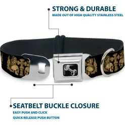 Dog Bone Seatbelt Buckle Collar - BD Skulls w/Wings Black/Tan