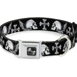 Dog Bone Seatbelt Buckle Collar - BD Skulls w/Wings Black/White