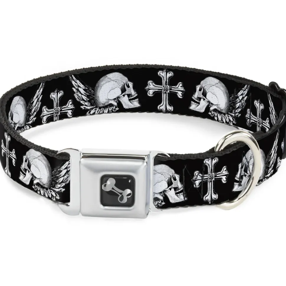 Dog Bone Seatbelt Buckle Collar - BD Skulls w/Wings Black/White