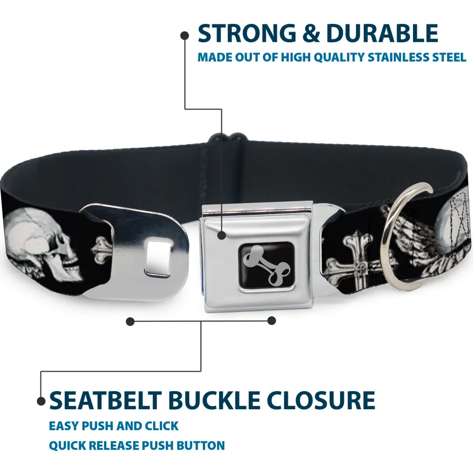 Dog Bone Seatbelt Buckle Collar - BD Skulls w/Wings Black/White