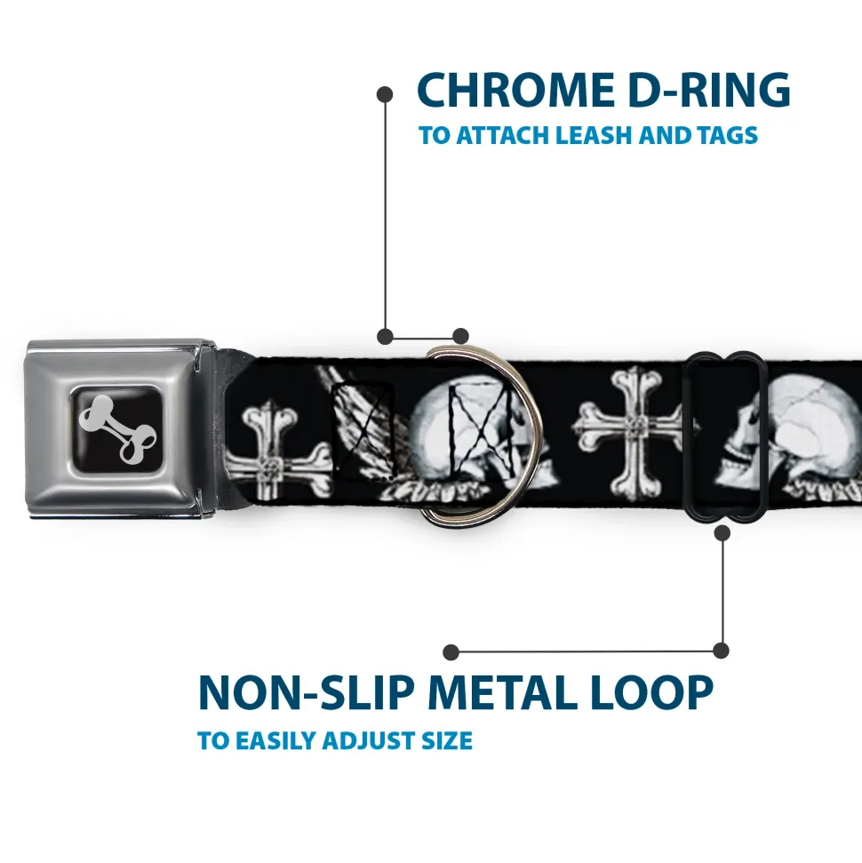 Dog Bone Seatbelt Buckle Collar - BD Skulls w/Wings Black/White