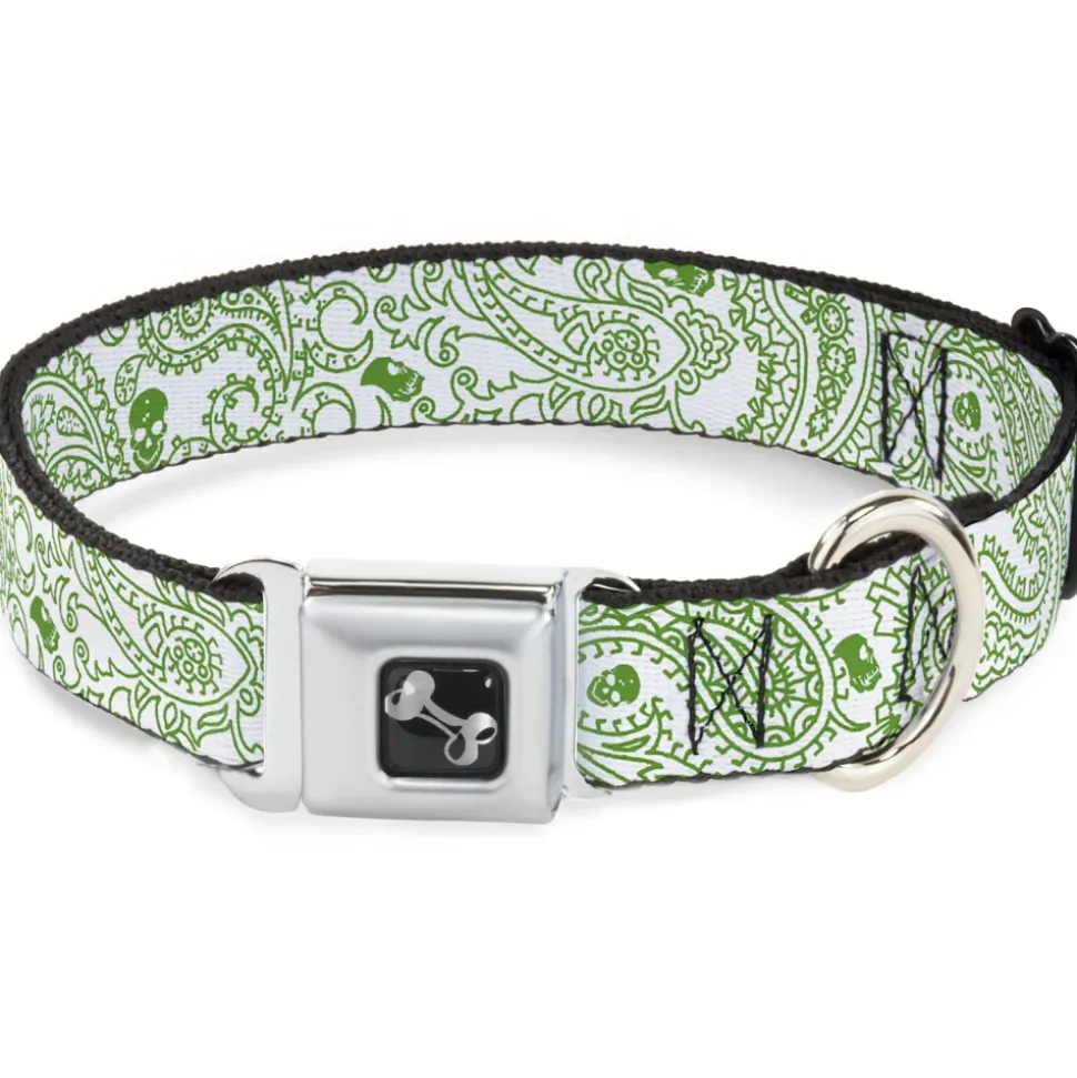 Dog Bone Seatbelt Buckle Collar - Bandana/Skulls White/Irish Green