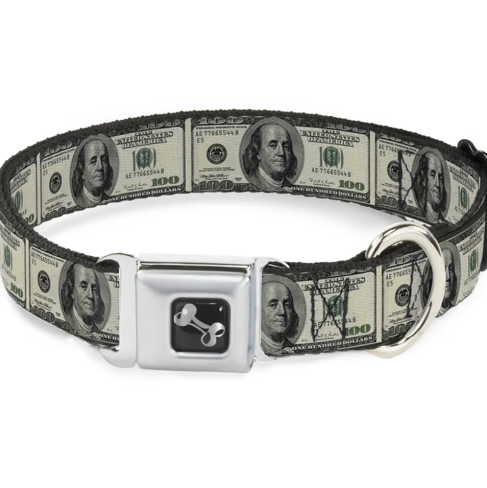 Dog Bone Seatbelt Buckle Collar - 100 Dollar Bills