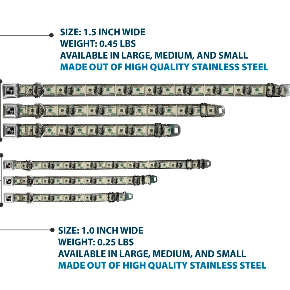 Dog Bone Seatbelt Buckle Collar - 100 Dollar Bills