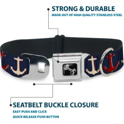 Dog Bone Seatbelt Buckle Collar - Anchor3 CLOSE-UP Navy/Red/Cream