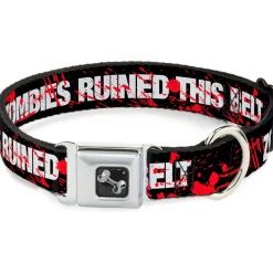 Dog Bone Seatbelt Buckle Collar - ZOMBIES RUINED THIS BELT Black/White/Red Splatter