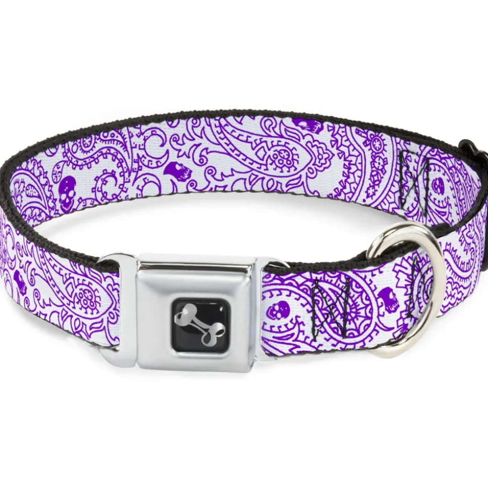 Dog Bone Seatbelt Buckle Collar - Bandana/Skulls White/Purple