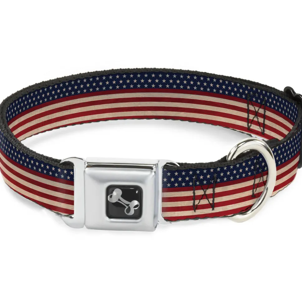 Dog Bone Seatbelt Buckle Collar - American Flag Stripe