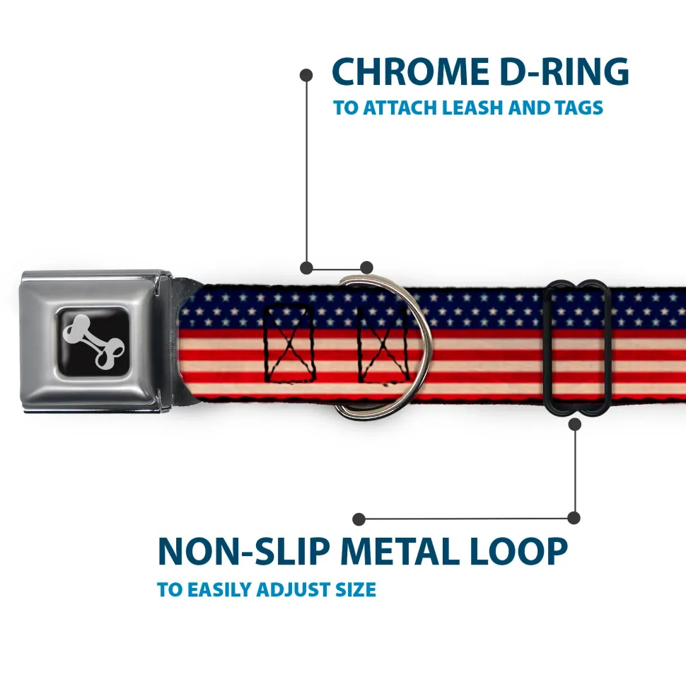 Dog Bone Seatbelt Buckle Collar - American Flag Stripe