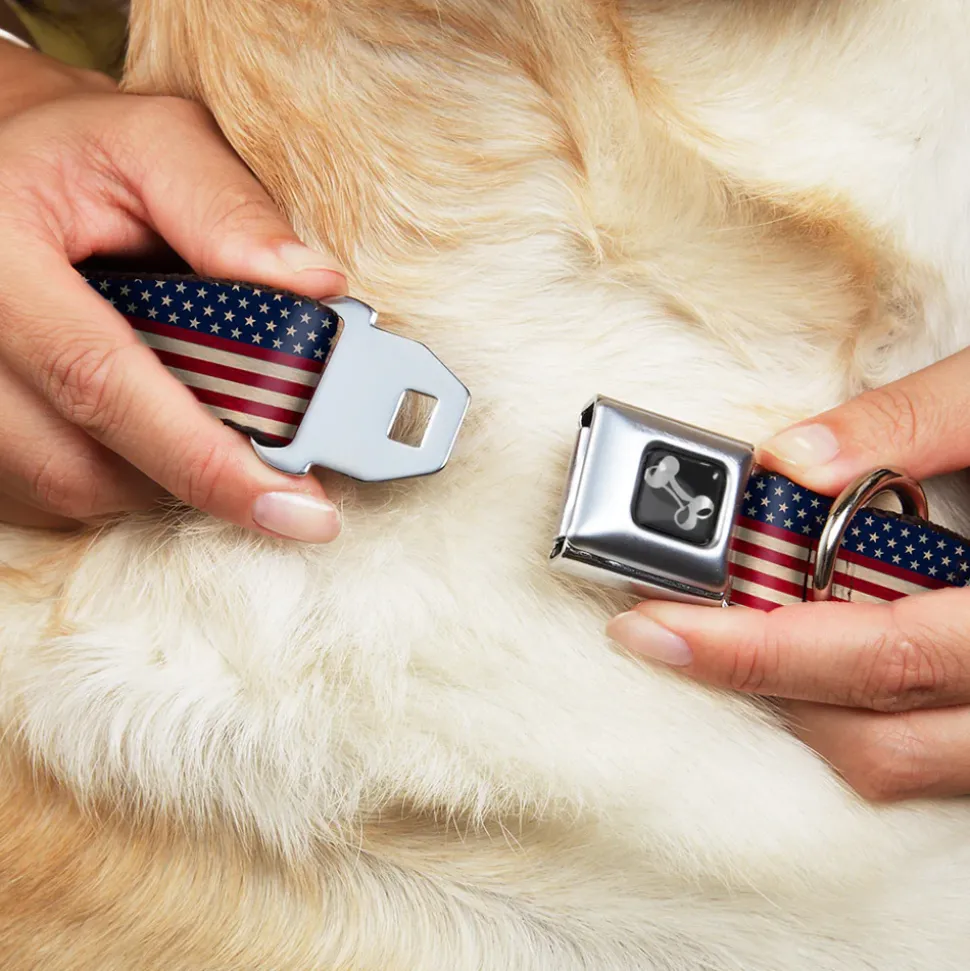 Dog Bone Seatbelt Buckle Collar - American Flag Stripe