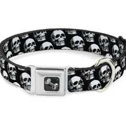 Dog Bone Seatbelt Buckle Collar - 3-D Skulls Repeat Black/Grays/White