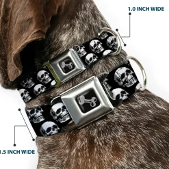 Dog Bone Seatbelt Buckle Collar - 3-D Skulls Repeat Black/Grays/White