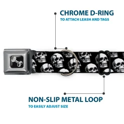 Dog Bone Seatbelt Buckle Collar - 3-D Skulls Repeat Black/Grays/White