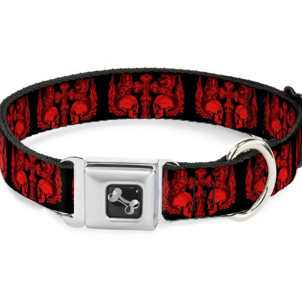 Dog Bone Seatbelt Buckle Collar - BD Skulls w/Wings Black/Red
