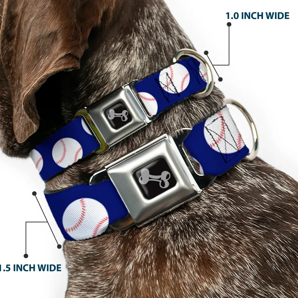 Dog Bone Seatbelt Buckle Collar - Baseballs Scattered Blue