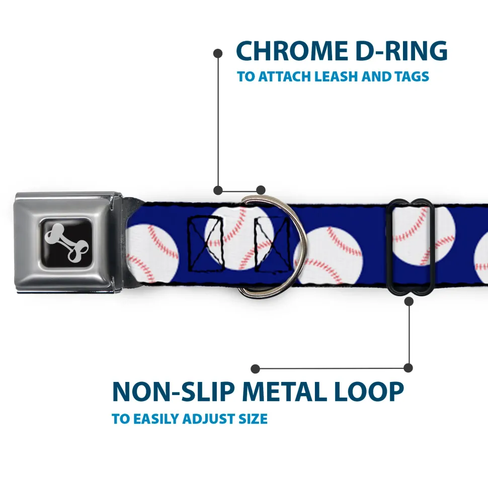 Dog Bone Seatbelt Buckle Collar - Baseballs Scattered Blue