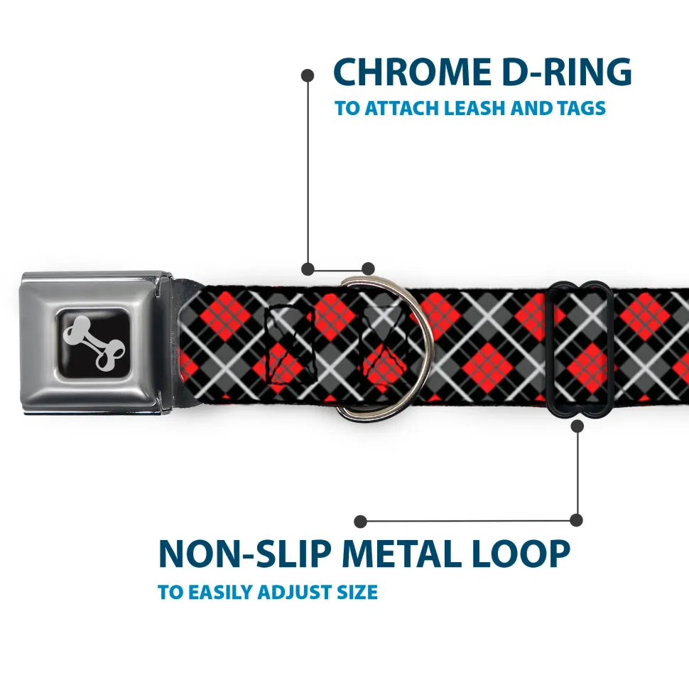 Dog Bone Seatbelt Buckle Collar - Argyle Black/Gray/Red