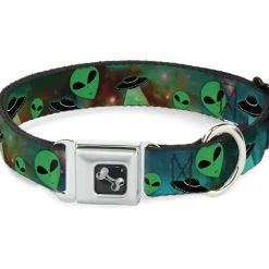 Dog Bone Seatbelt Buckle Collar - Aliens & UFO's Galaxy/Green/Black/White