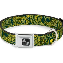 Dog Bone Seatbelt Buckle Collar - Bandana/Skulls Green/Gold