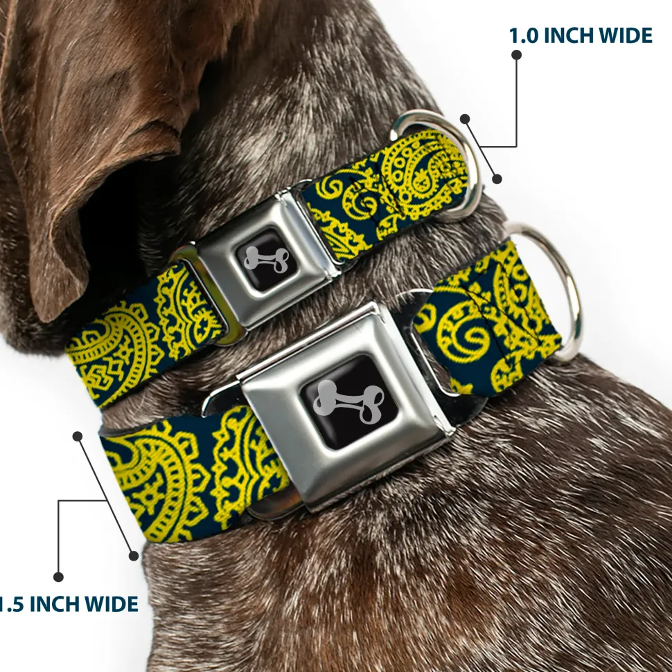Dog Bone Seatbelt Buckle Collar - Bandana/Skulls Green/Gold
