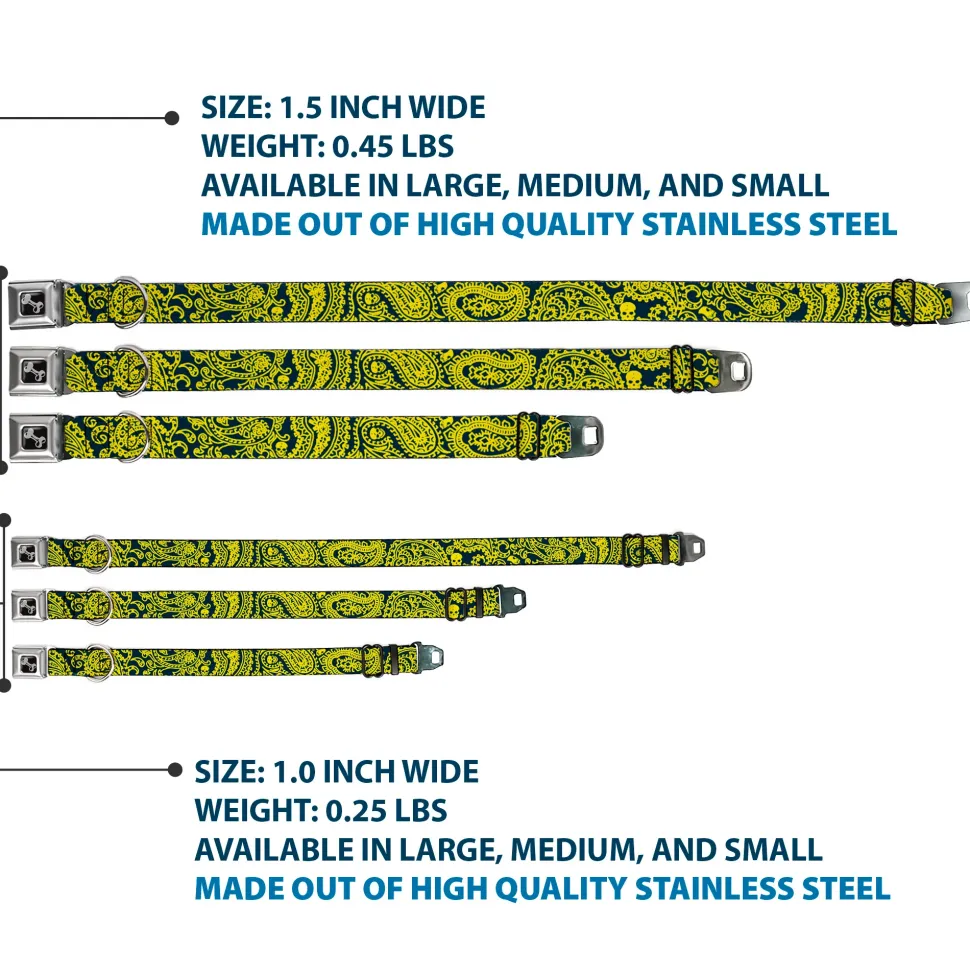 Dog Bone Seatbelt Buckle Collar - Bandana/Skulls Green/Gold