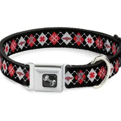 Dog Bone Seatbelt Buckle Collar - BD Argyle Black/Red/Gray