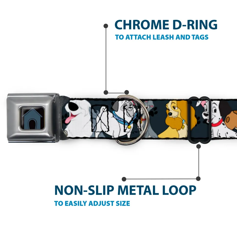 Dog House Full Color Black/Gray Seatbelt Buckle Collar - Disney Dogs 6-Dog Group Collage/Paws Gray/Black