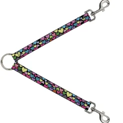 Dog Leash Splitter - Hearts Black/Multi Color