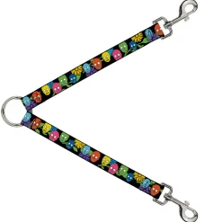 Dog Leash Splitter - Skulls & Flowers Black/Multi Color