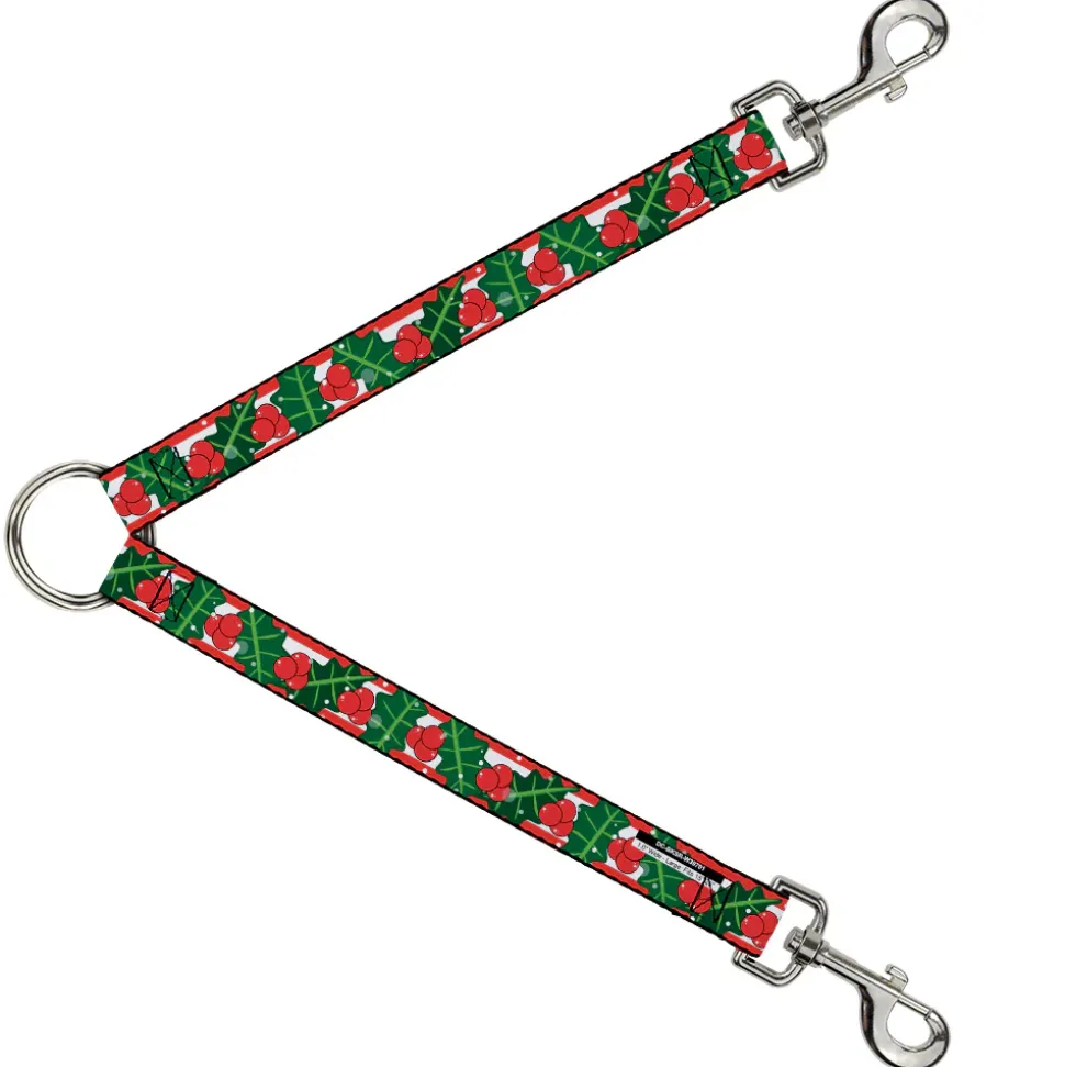 Dog Leash Splitter - Snowy Holly Stripe Reds White Greens