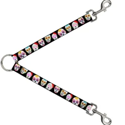 Dog Leash Splitter - Staggered Sugar Skulls Black/Multi Color