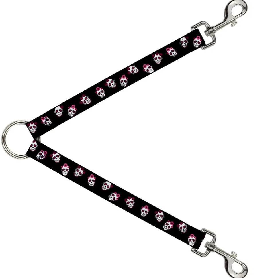 Dog Leash Splitter - Staggered Sugar Skulls Black/Pink/White