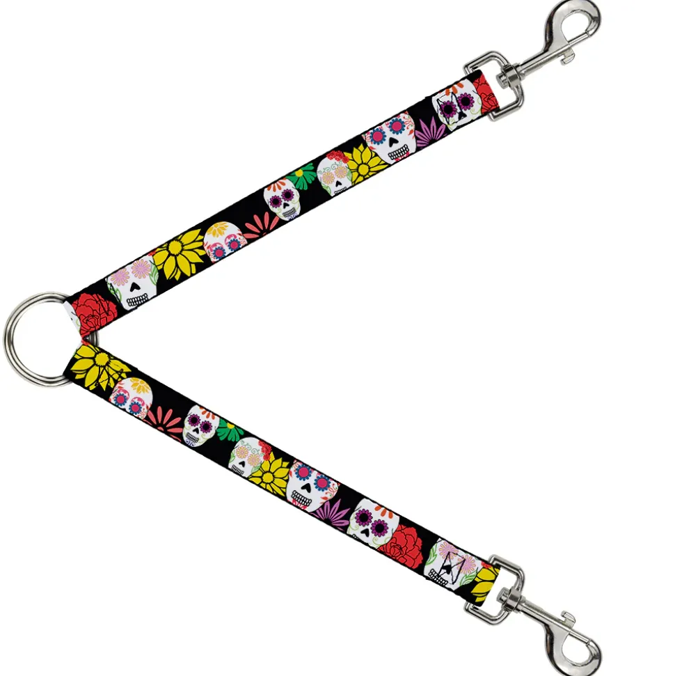Dog Leash Splitter - Sugar Skulls & Flowers Black/Multi Color