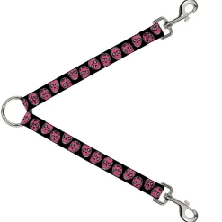 Dog Leash Splitter - Sugar Skulls Black/White/Fuchsia