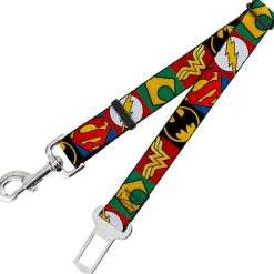 Dog Safety Seatbelt for Cars - Justice League 5-Superhero Textured Logo CLOSE-UP Blocks