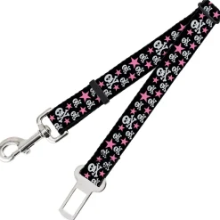 Dog Safety Seatbelt for Cars - Skulls & Stars Black/White/Pink