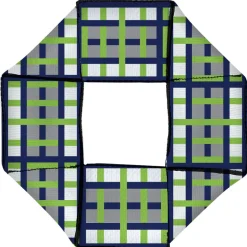 Dog Toy Squeaky Octagon Flyer - Basketweave Plaid White/Silver/Navy/Bright Green