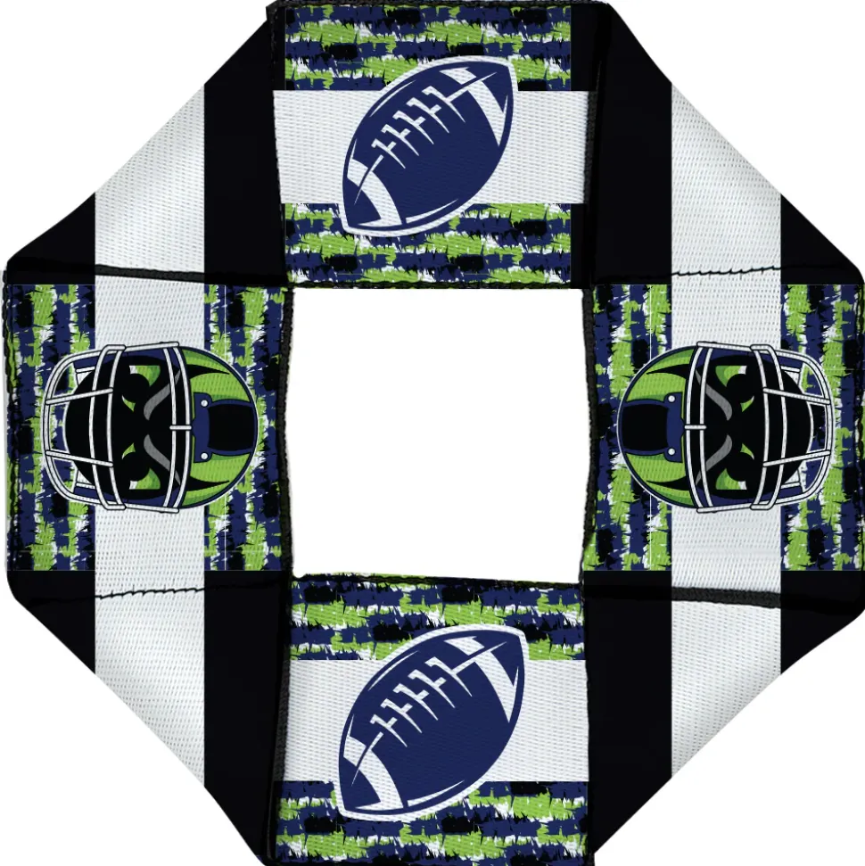 Dog Toy Squeaky Octagon Flyer - Football + Helmet/Scribble Stripe Black/White/Neon Green/Blue