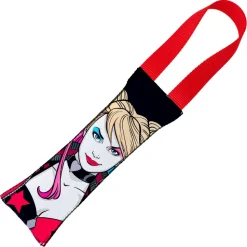 Dog Toy Squeaky Tug Toy - Harley Quinn Face + Diamond Icon CLOSE-UP Black Red - RED Webbing