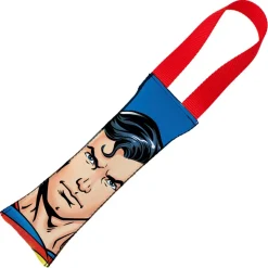 Dog Toy Squeaky Tug Toy - Superman Face + Shield Icon CLOSE-UP Blue Red - RED Webbing