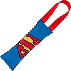 Dog Toy Squeaky Tug Toy - Superman Face + Shield Icon CLOSE-UP Blue Red - RED Webbing